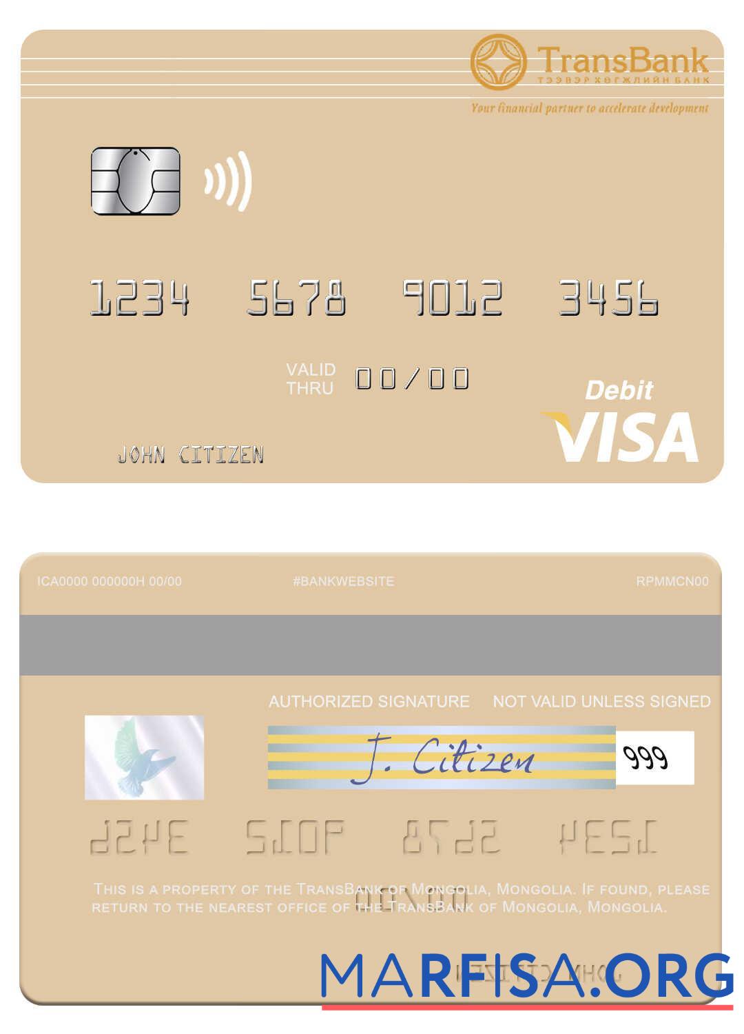 Монголия TransBank of Монголия Виза Дебет Карта образец
