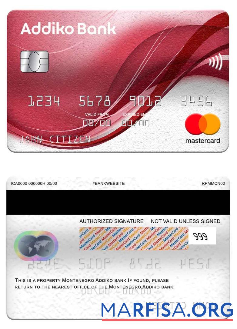 Черногория Addiko Банковский mastercard шаблон