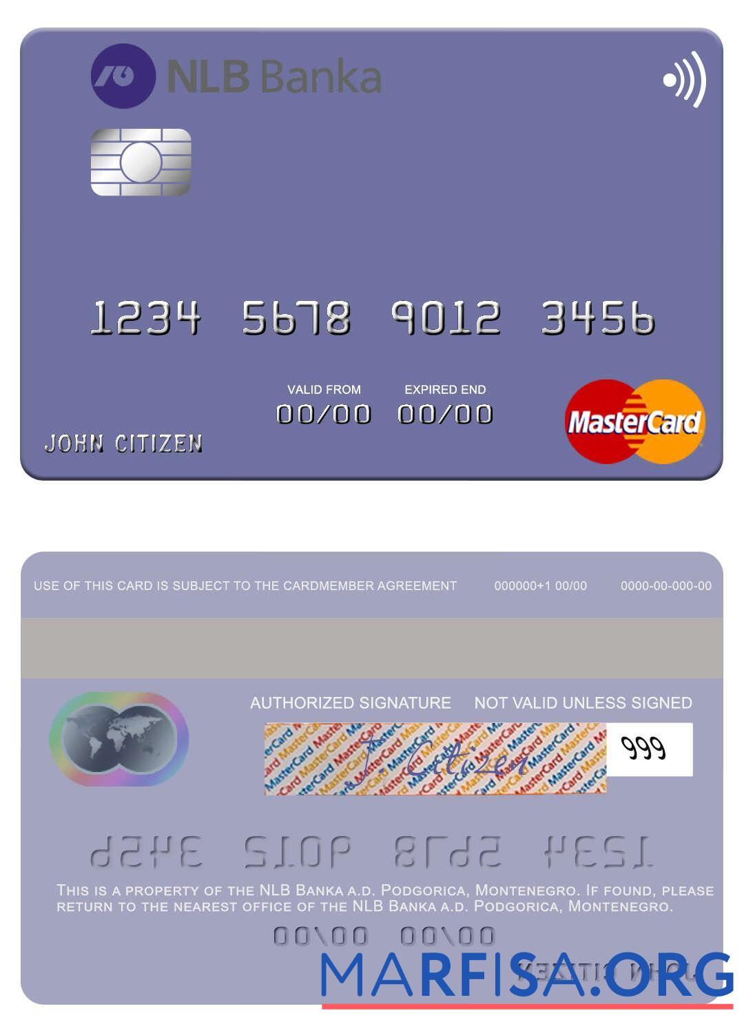 Черногория NLB Banka a.d. Podgorica mastercard макет