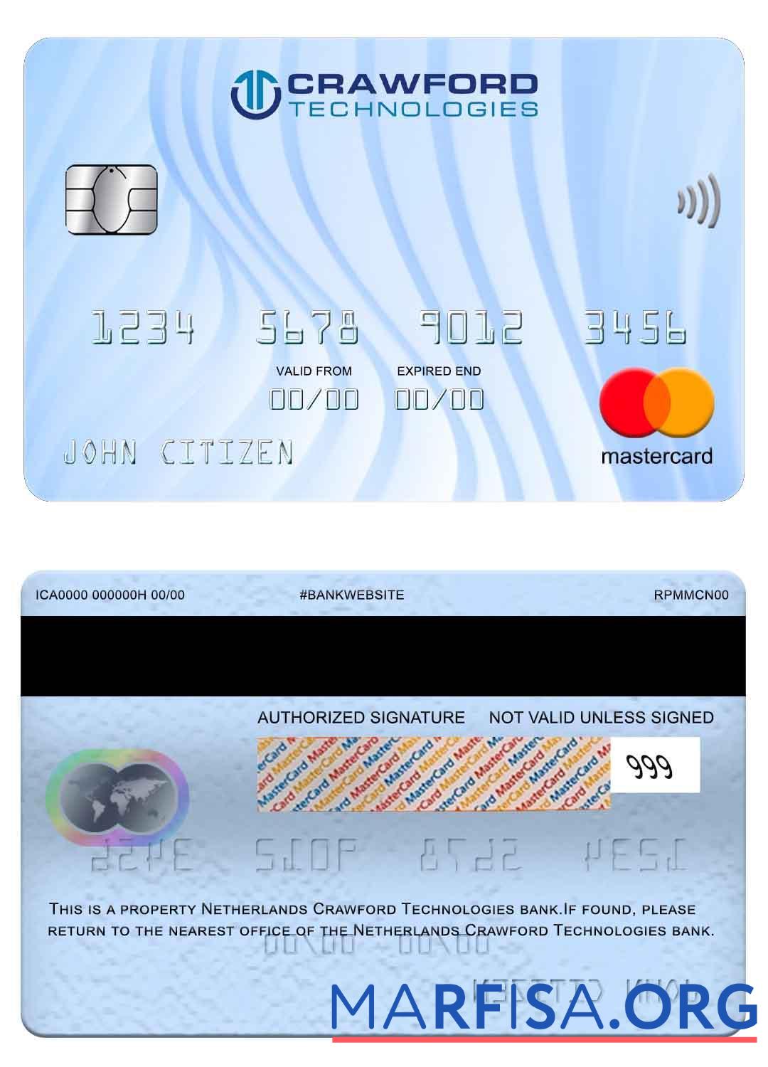 Нидерланды (Holland) Crawford Technologies Банковский mastercard шаблон