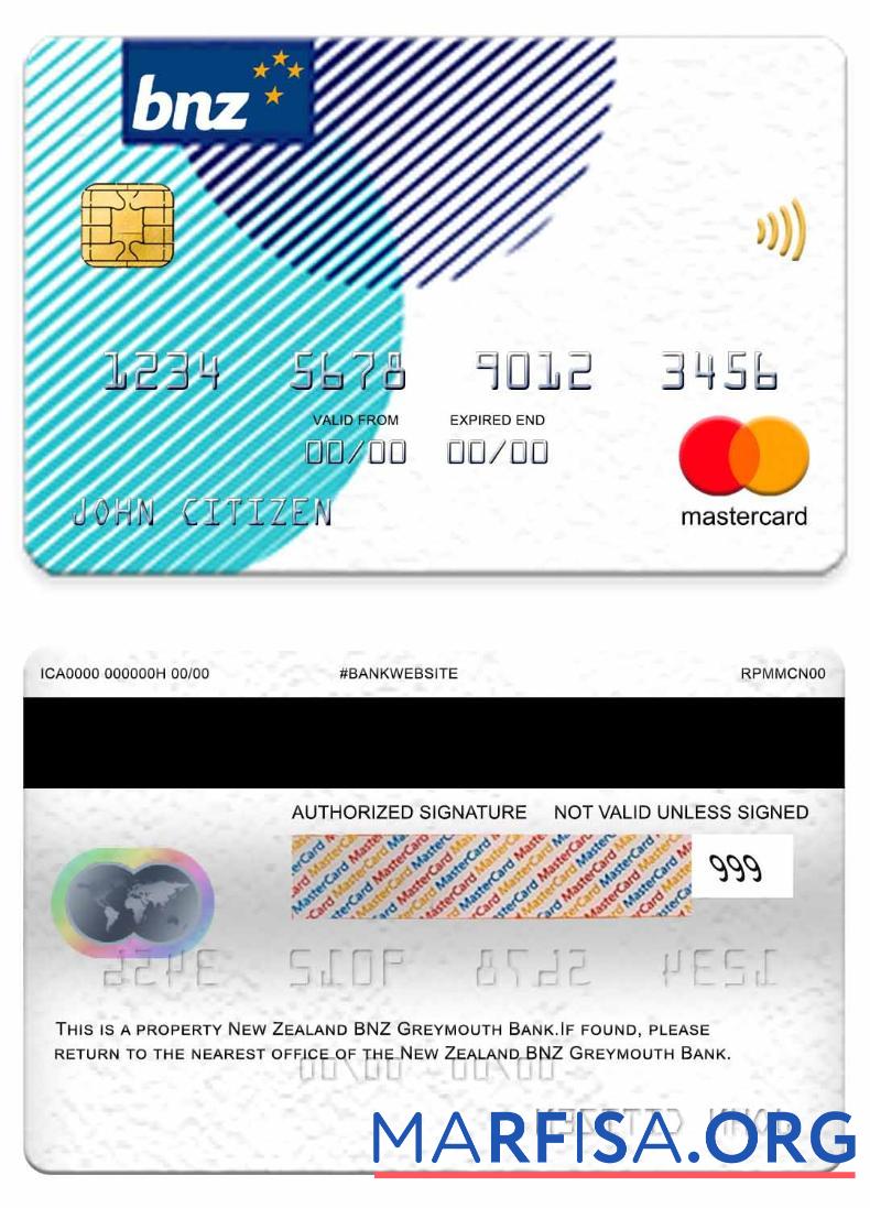 Новая Зеландия BNZ Greymouth Банковский mastercard дизайн
