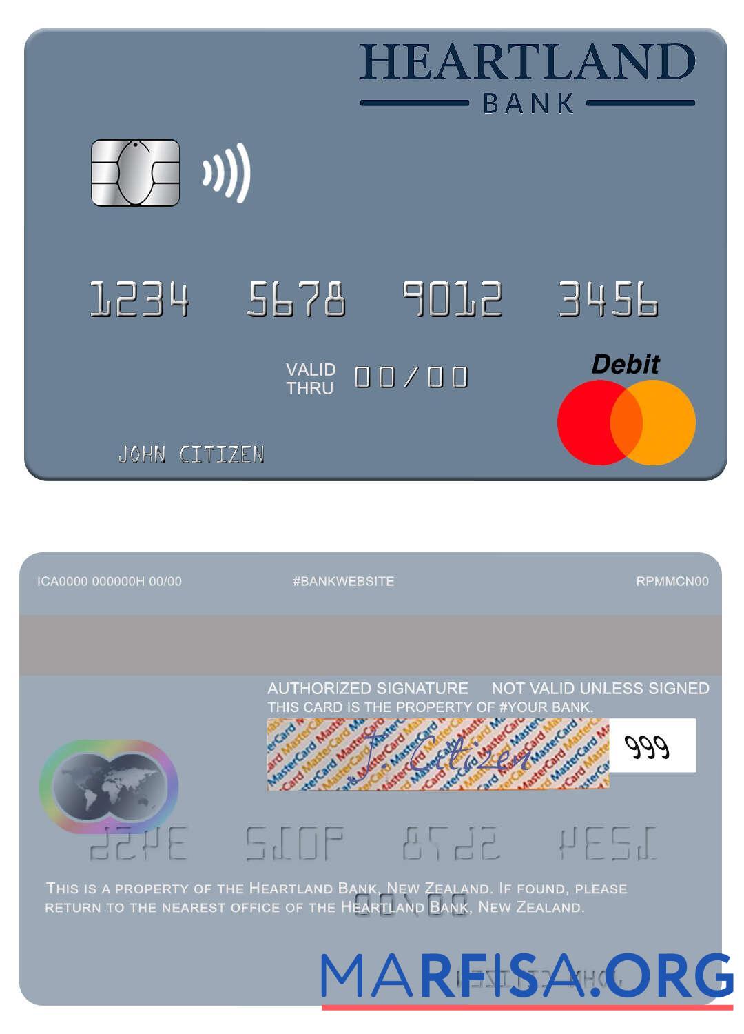 Новая Зеландия Heartland Банковский mastercard образец