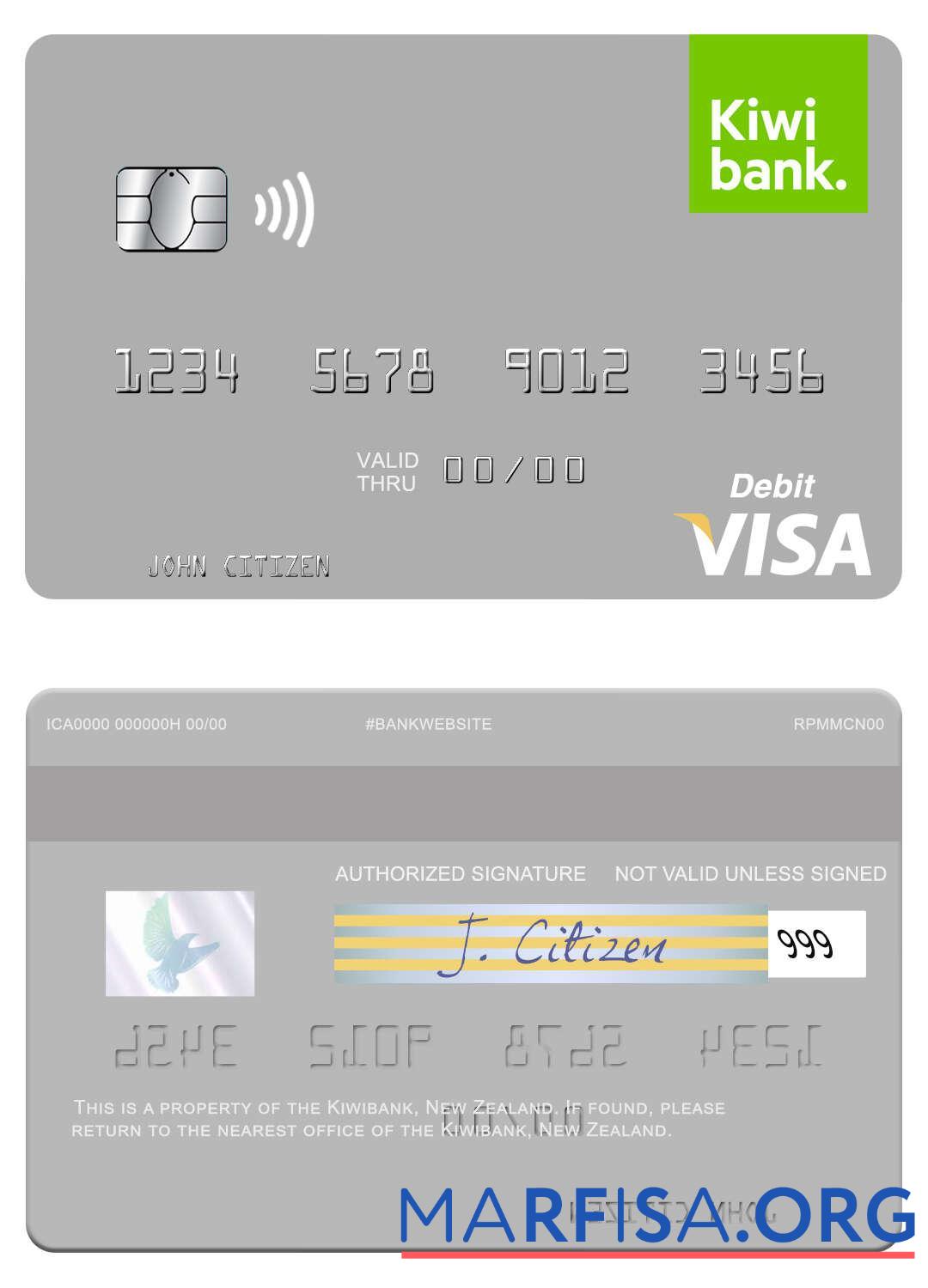 Новая Зеландия Kiwibank Виза Дебет Карта шаблон