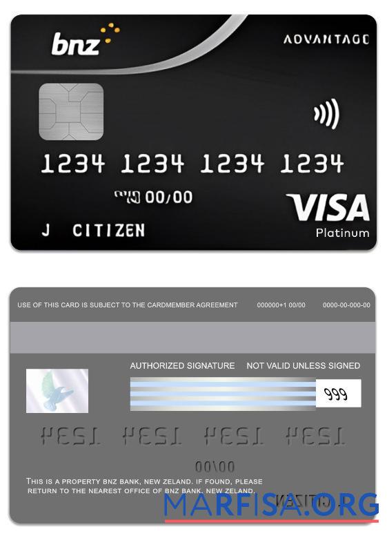 Новый Zeland BNZ Банковский advantage Виза platinum Карта образец