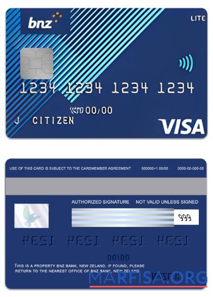 Новый Zeland BNZ Банковский lite Виза Карта шаблон