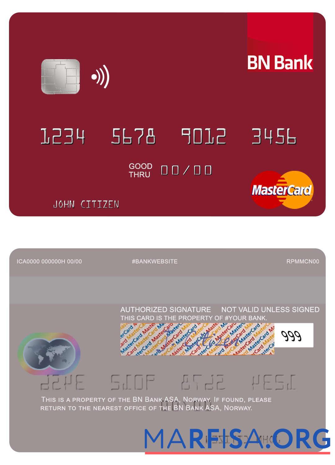 Норвегия BN Банковский ASA mastercard образец