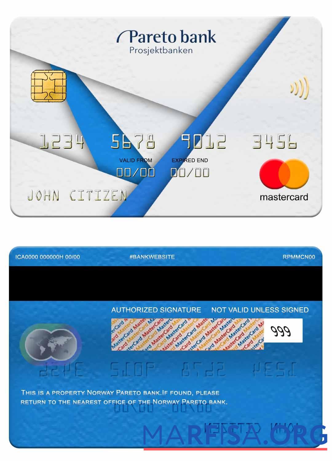 Норвегия Pareto Банковский mastercard макет