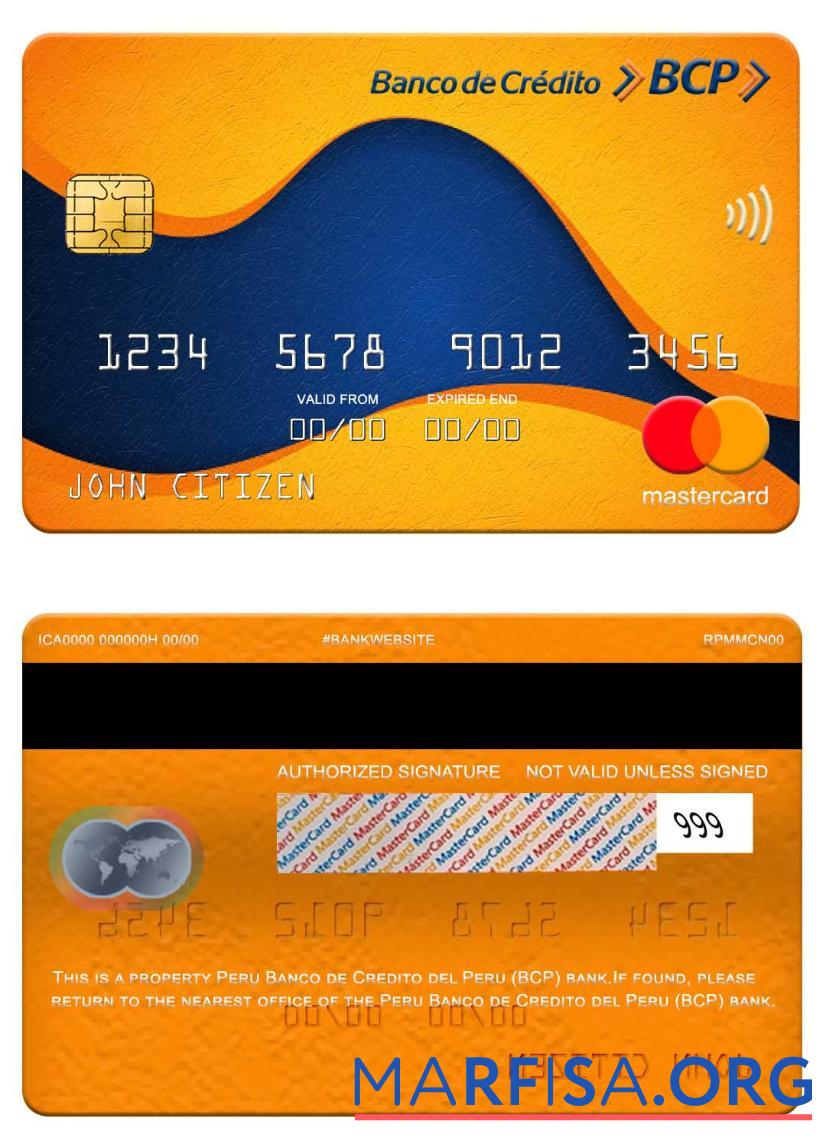 Перу Banco de Credito del Перу (BCP) Банковский mastercard макет