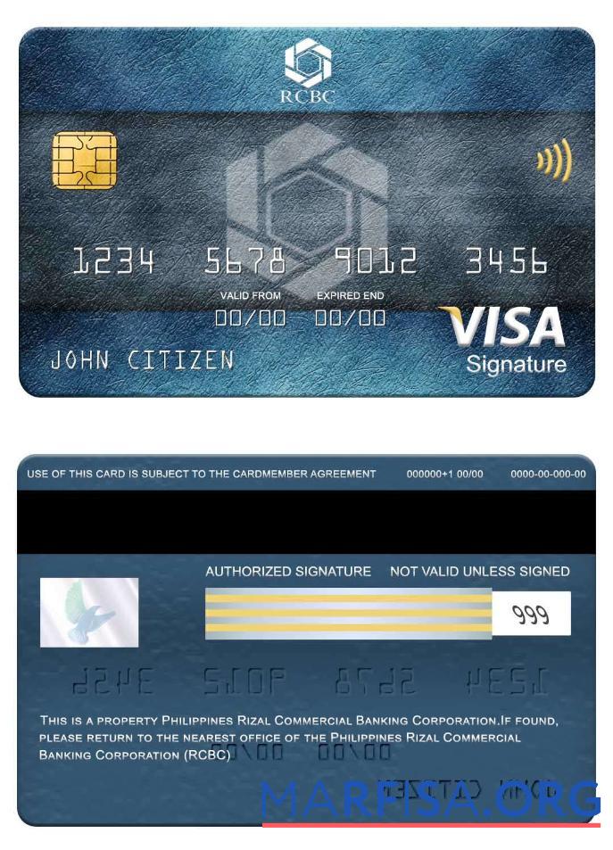 Филиппины Rizal коммерческий Banking Corporation (RCBC) Виза Подпись Карта образец