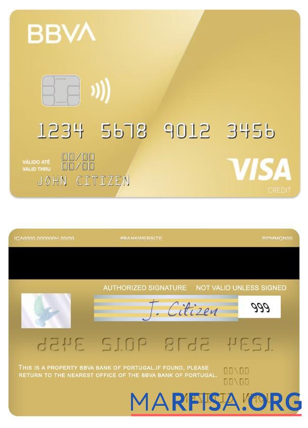 Португалия BBVA Банковский Виза gold Карта макет
