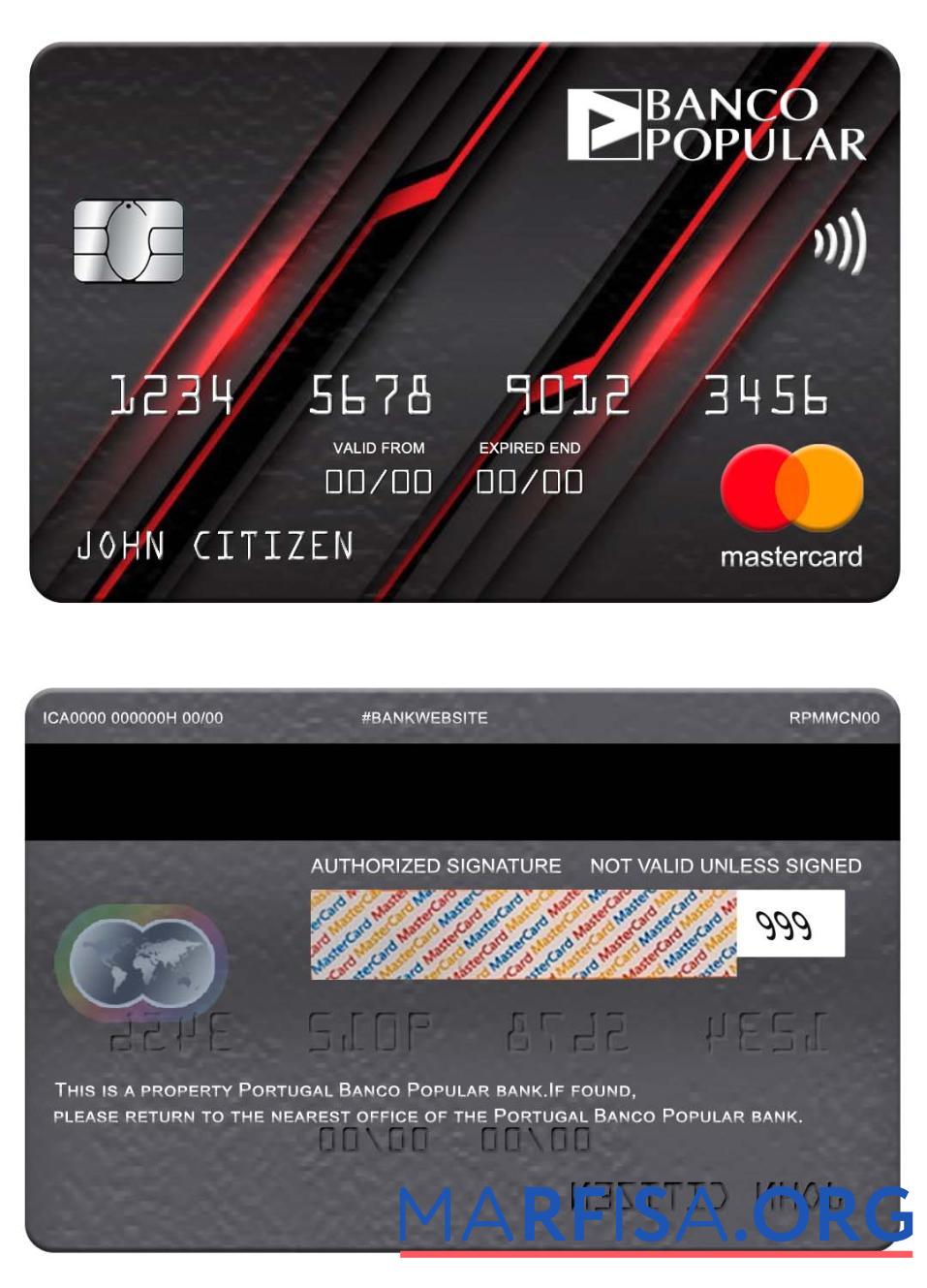 Португалия Banco Popular Банковский mastercard образец