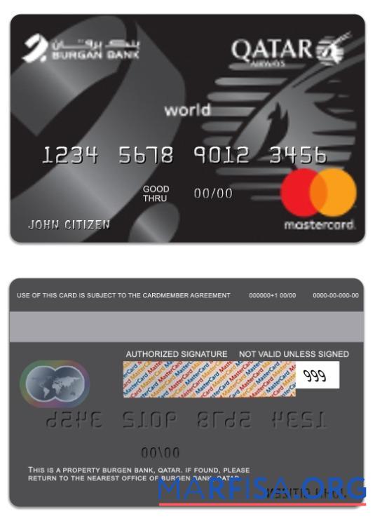 Катар Burgen Банковский Катар Airways Co branded world mastercard макет