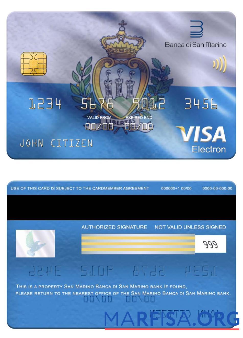 Сан-Марино Banca di Сан-Марино Банковский Виза electron Карта макет