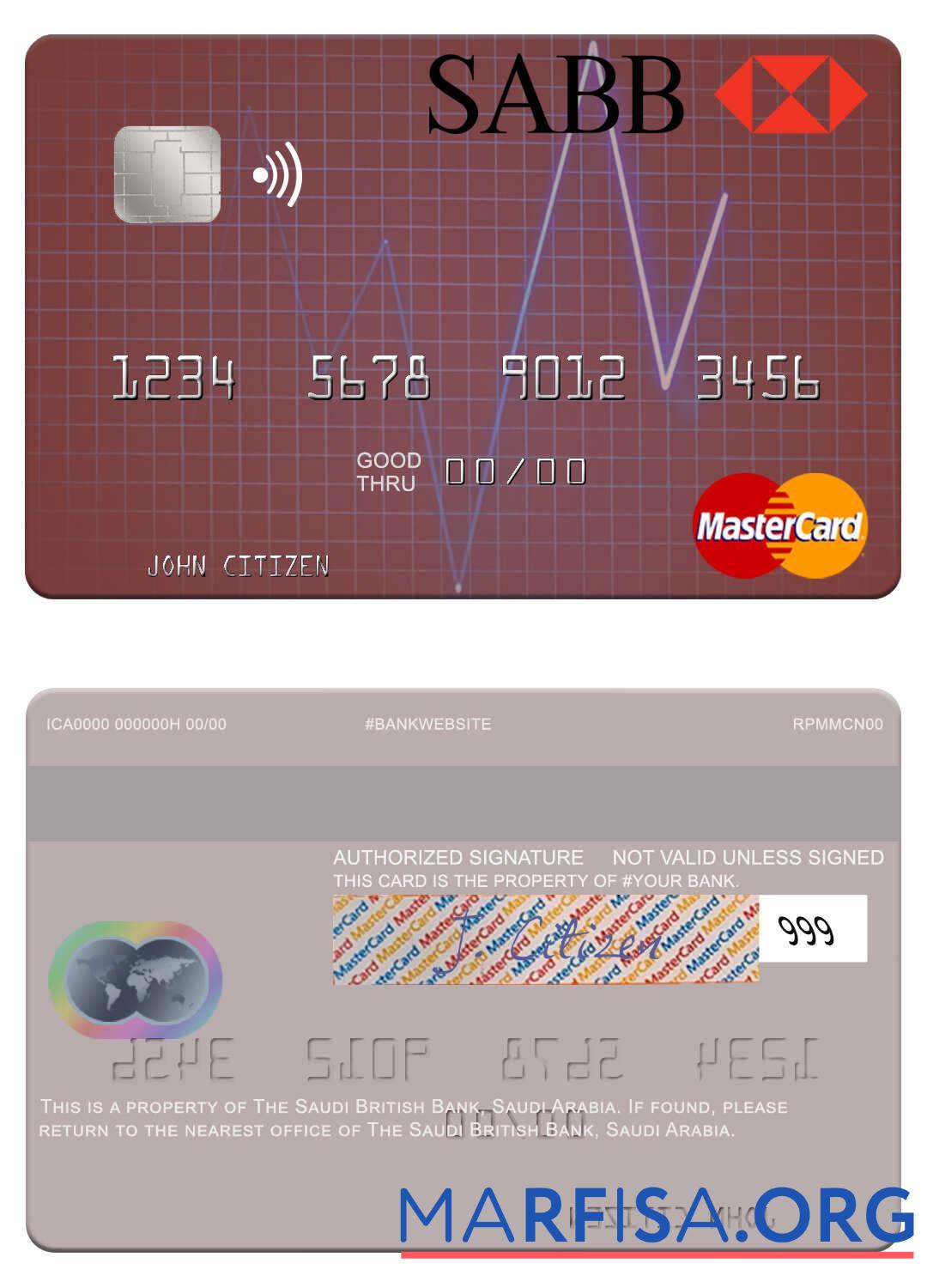 Саудовская Аравия The Saudi British Банковский mastercard шаблон