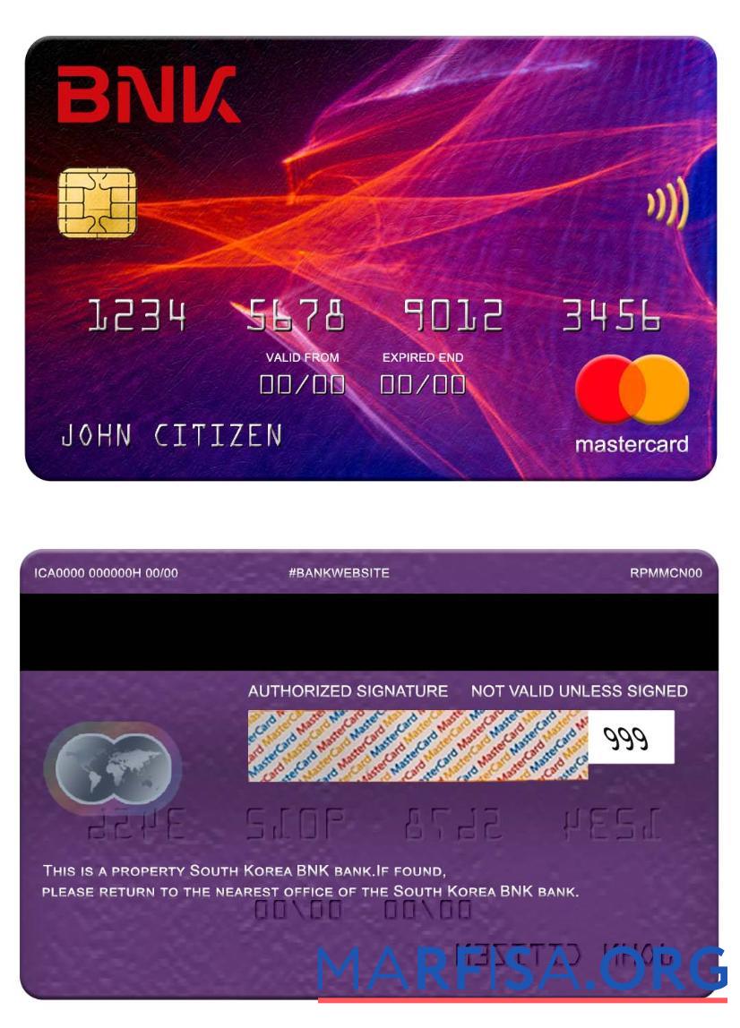 Южная Корея BNK Банковский mastercard макет
