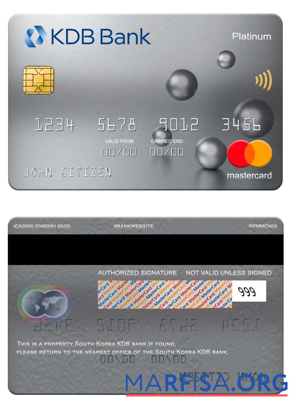 Южная Корея KDB Банковский mastercard platinum шаблон