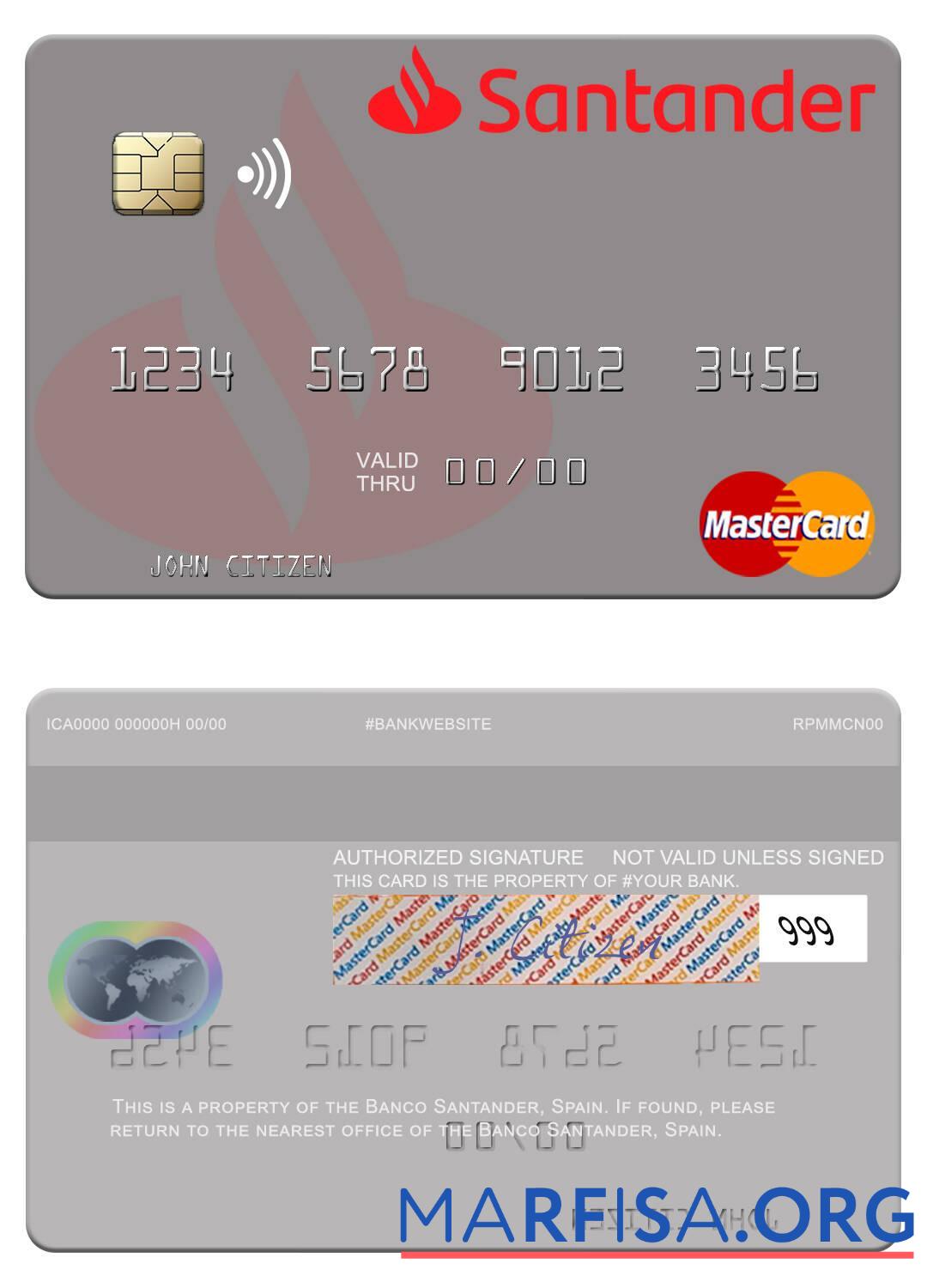 Испания Banco Santander mastercard шаблон