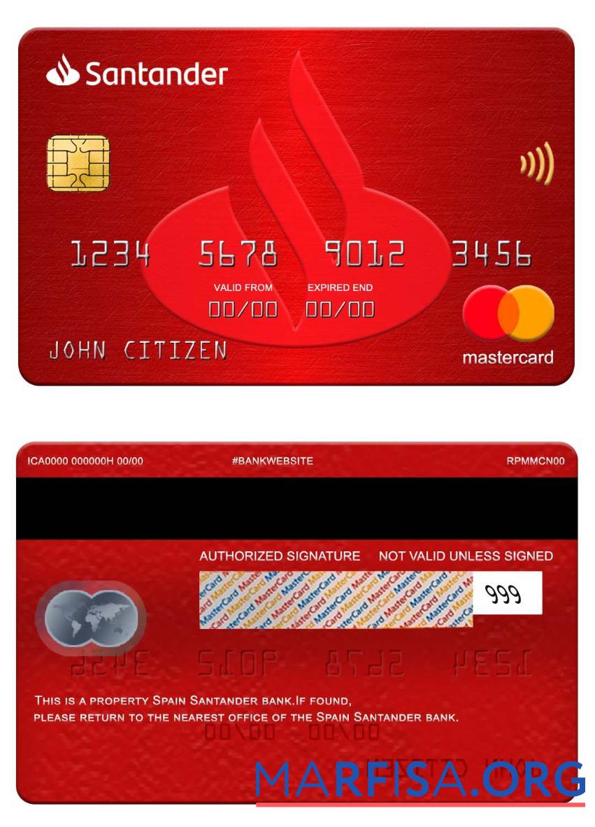 Испания Santander Банковский mastercard макет