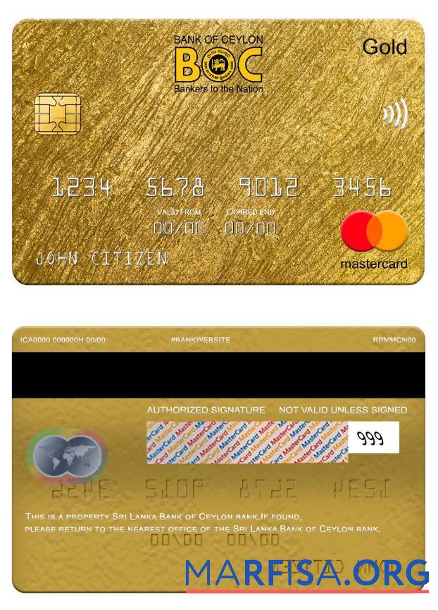 Шри-Ланка Банковский of Ceylon Банковский mastercard gold шаблон