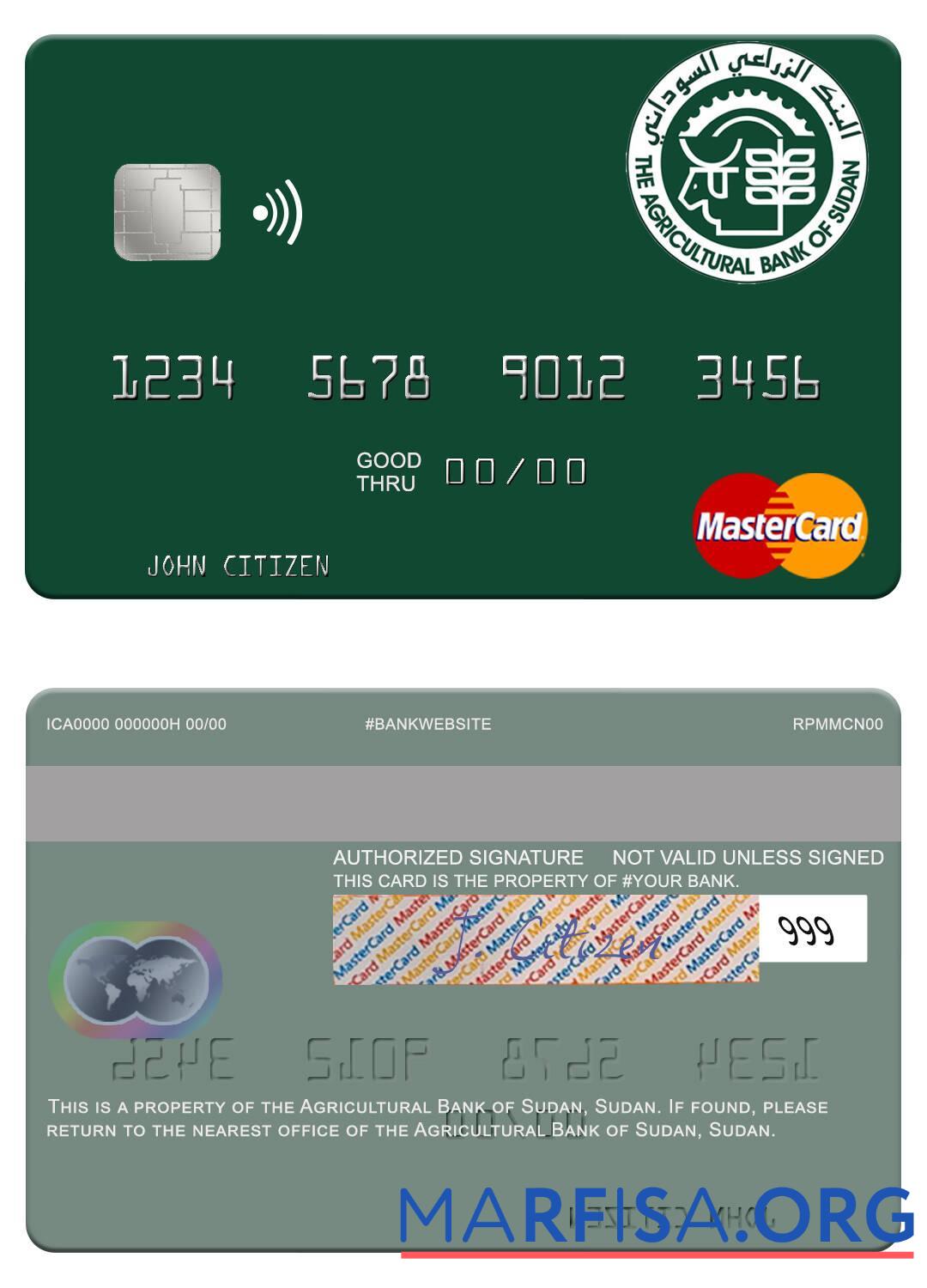 Судан The Agricultural Банковский of Судан mastercard макет