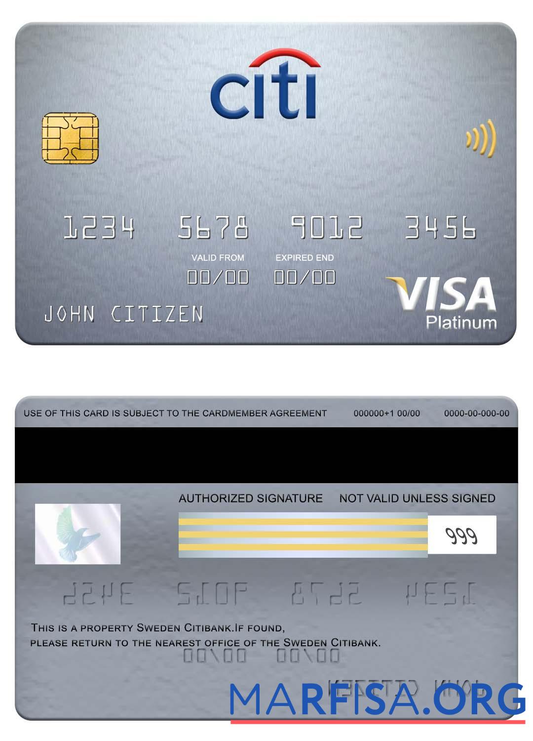 Швеция Citibank Виза platinum Карта шаблон