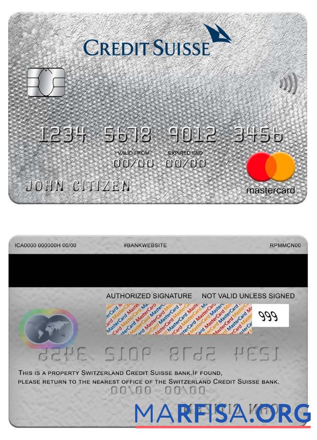 Швейцария Кредит Suisse Банковский mastercard шаблон