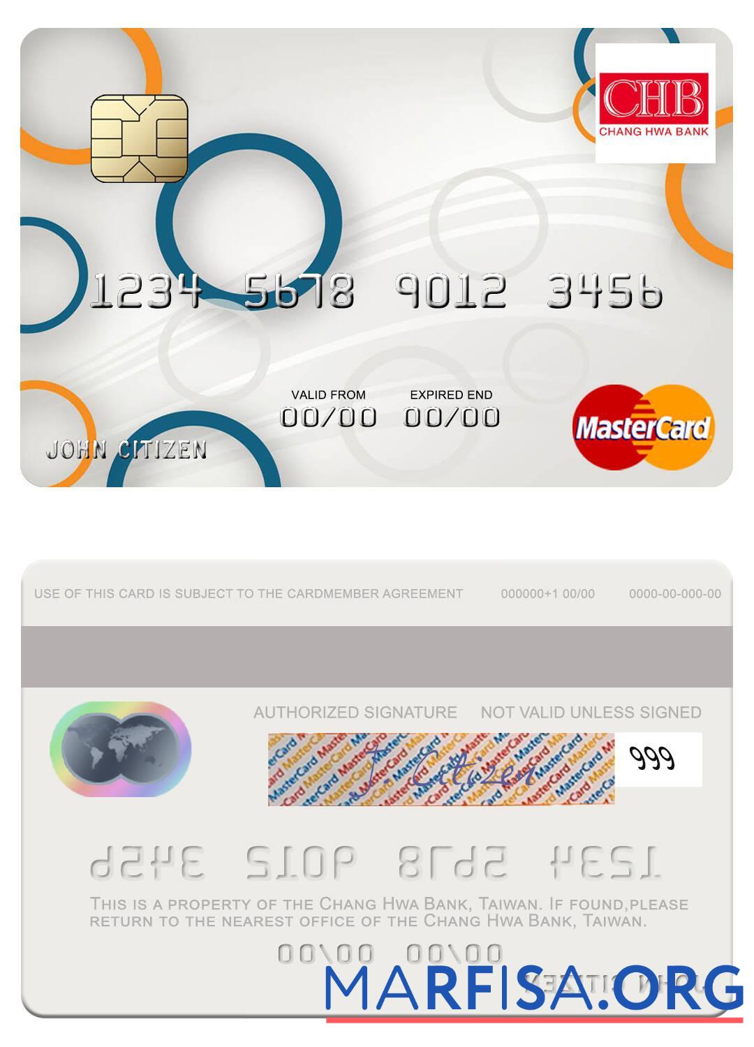 Тайвань Chang Hwa Банковский mastercard макет