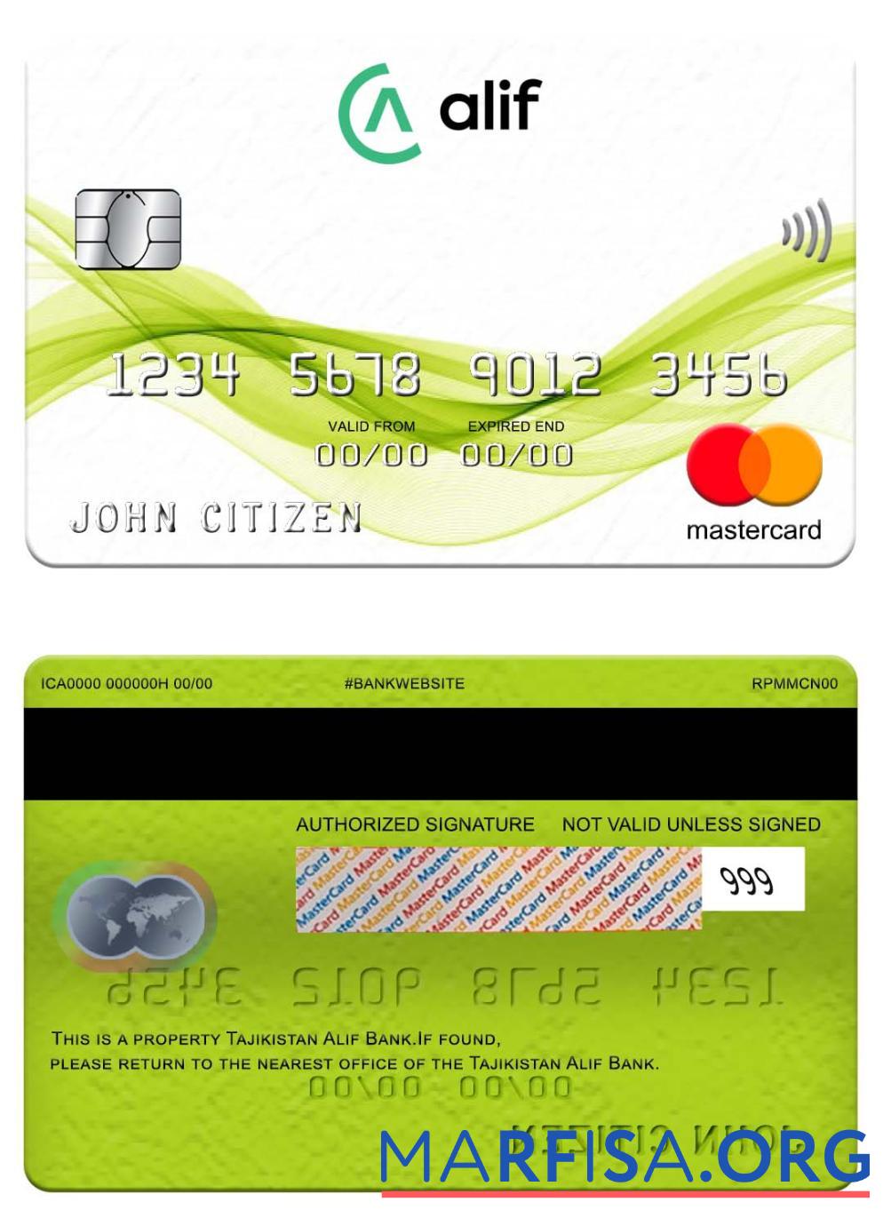 Таджикистан Alif Банковский mastercard шаблон
