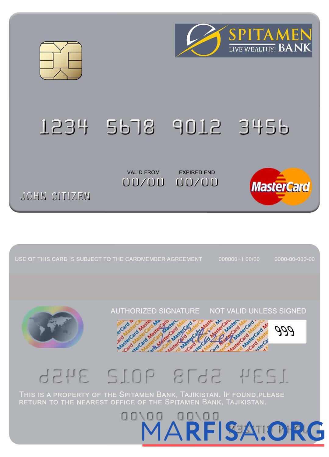 Таджикистан Spitamen Банковский mastercard шаблон