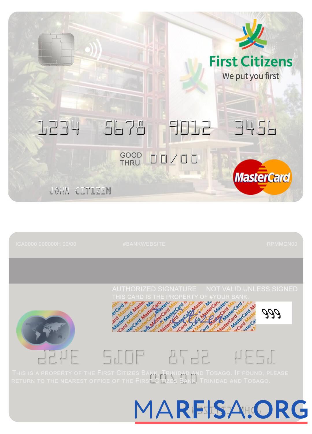 Тринидад и Тобаго First Citizes Банковский mastercard шаблон