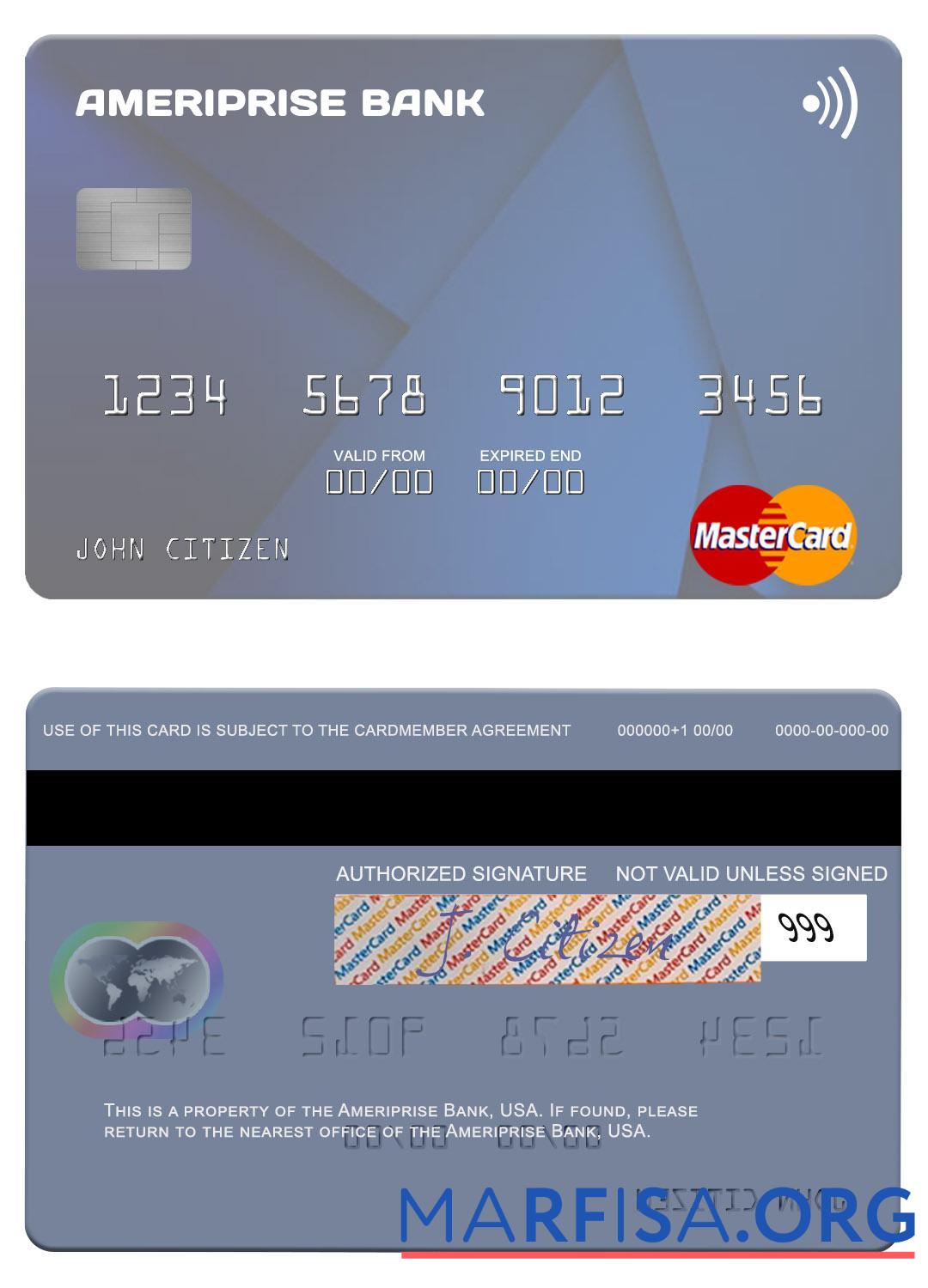 США Ameriprise Банковский mastercard образец