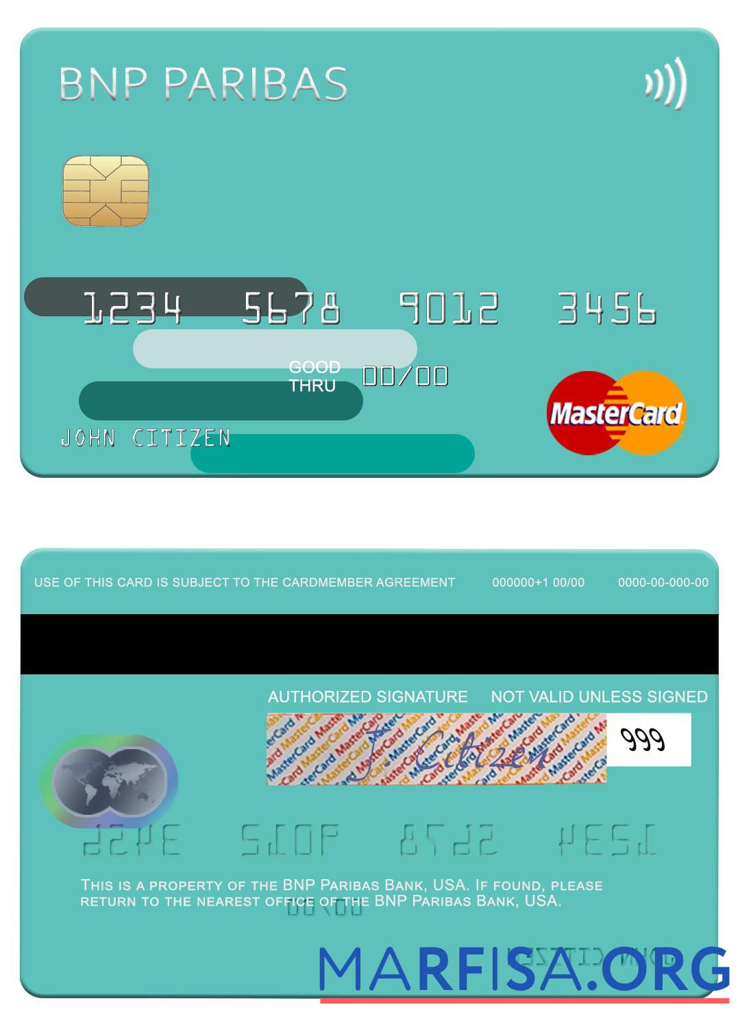 США BNP Paribas Банковский mastercard шаблон
