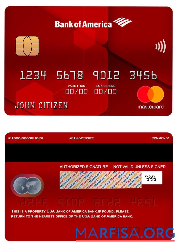 США Банковский of Америка Банковский mastercard red макет