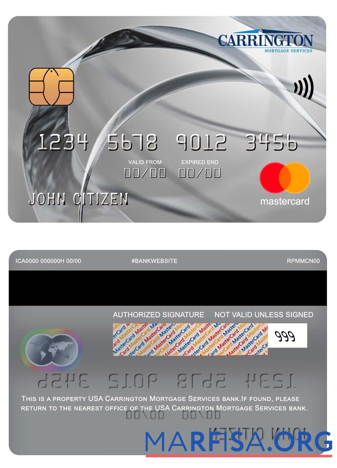США Carrington Ипотека Services Банковский mastercard макет