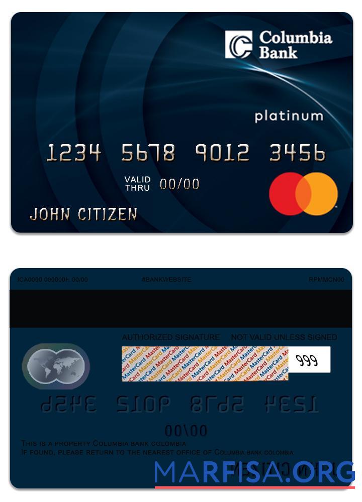 США Columbia Банковский Mastercard Platinum образец