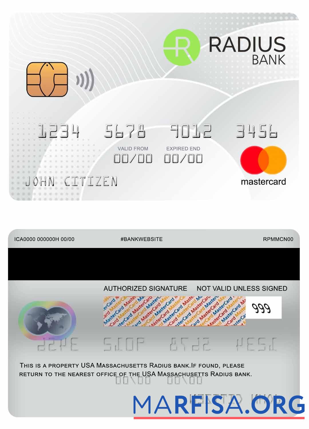 США Massachusetts Radius Банковский mastercard образец