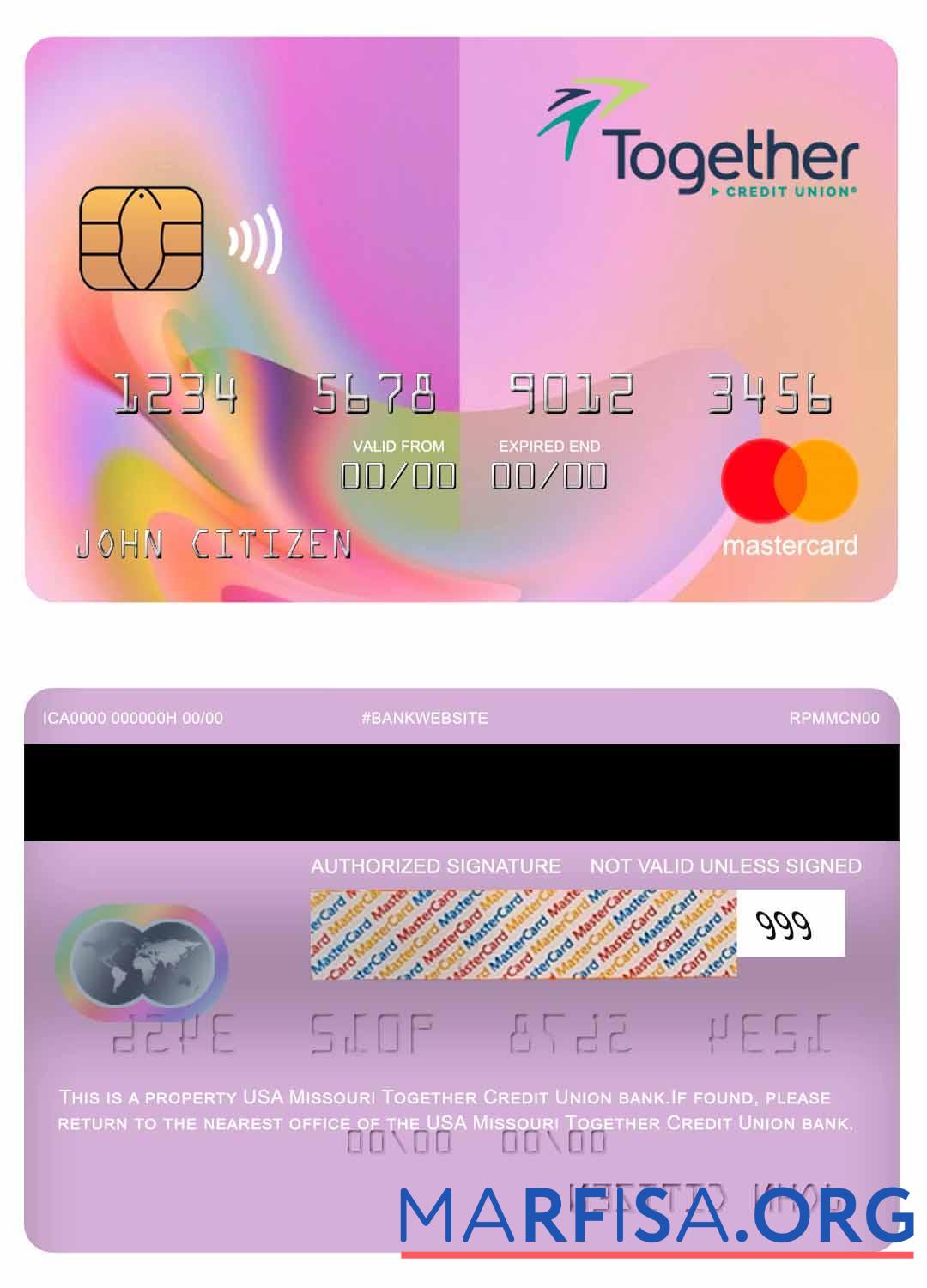 США Missouri Together Кредит союз Банковский mastercard макет