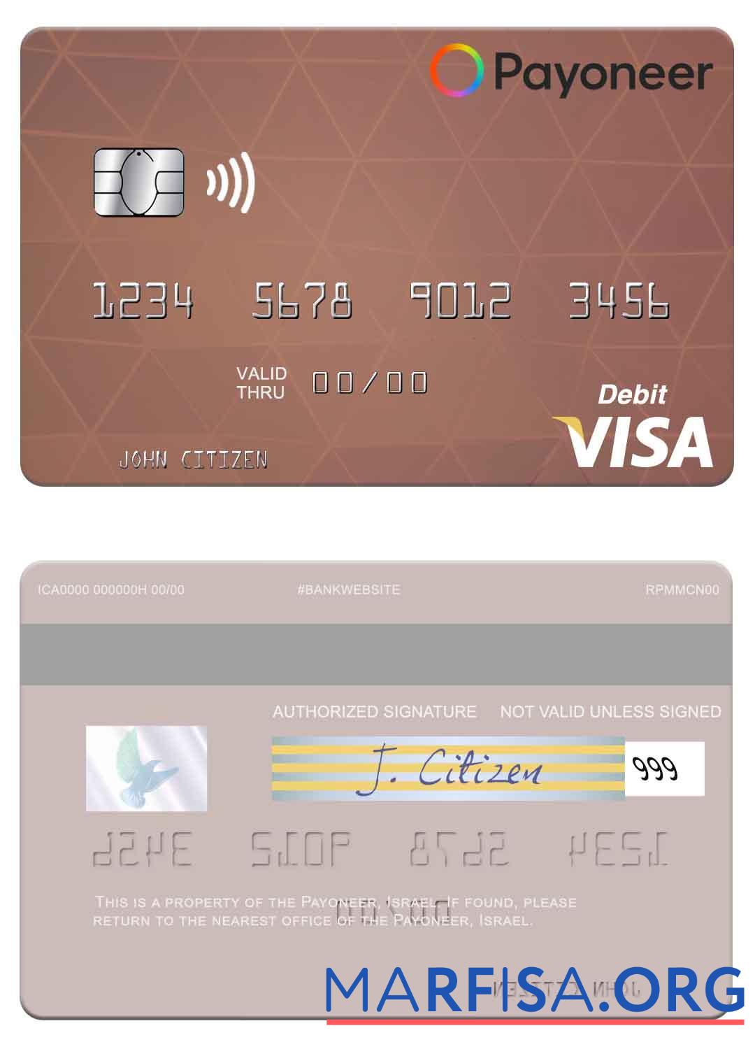 США Payoneer Виза Дебет Карта шаблон