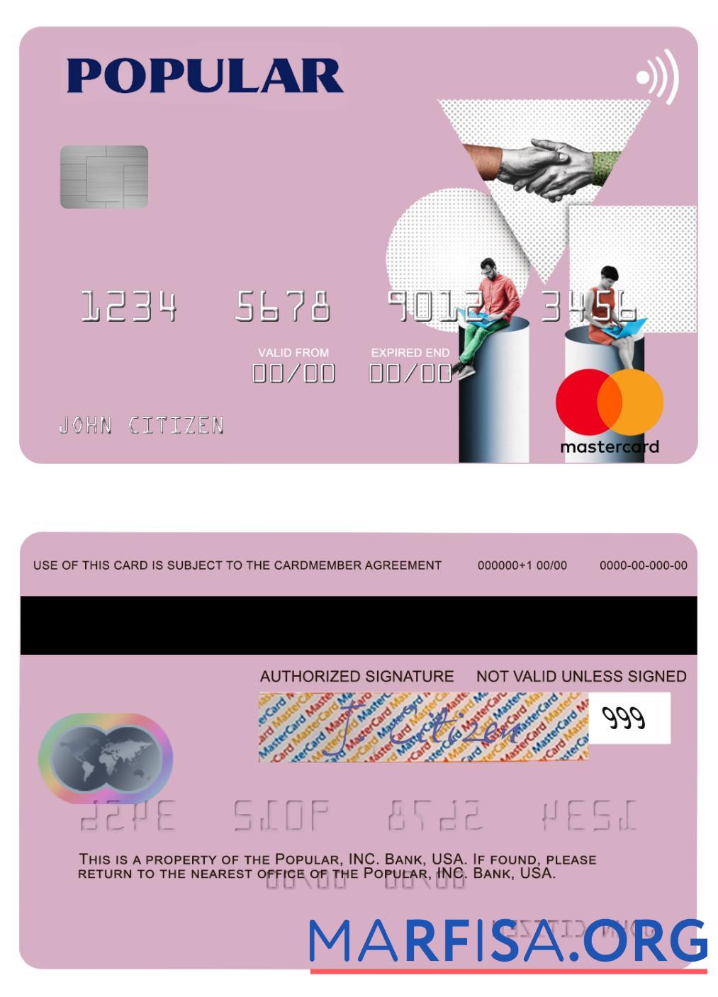США Popular, Inc. Банковский mastercard дизайн