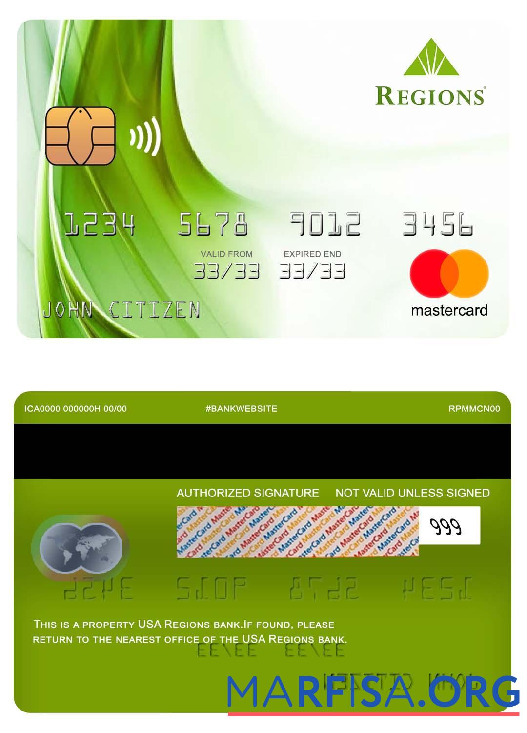 США Regions Банковский mastercard шаблон