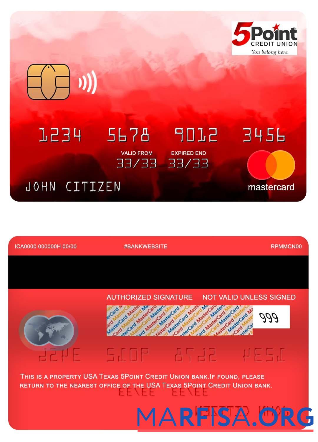 США Texas 5Point Кредит союз Банковский mastercard образец