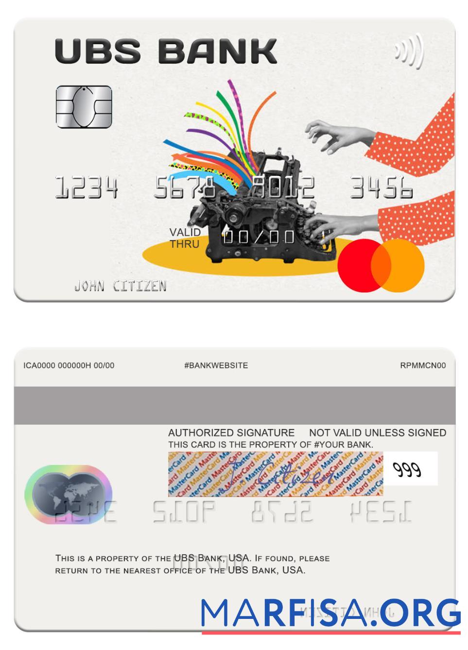 США UBS Банковский mastercard макет