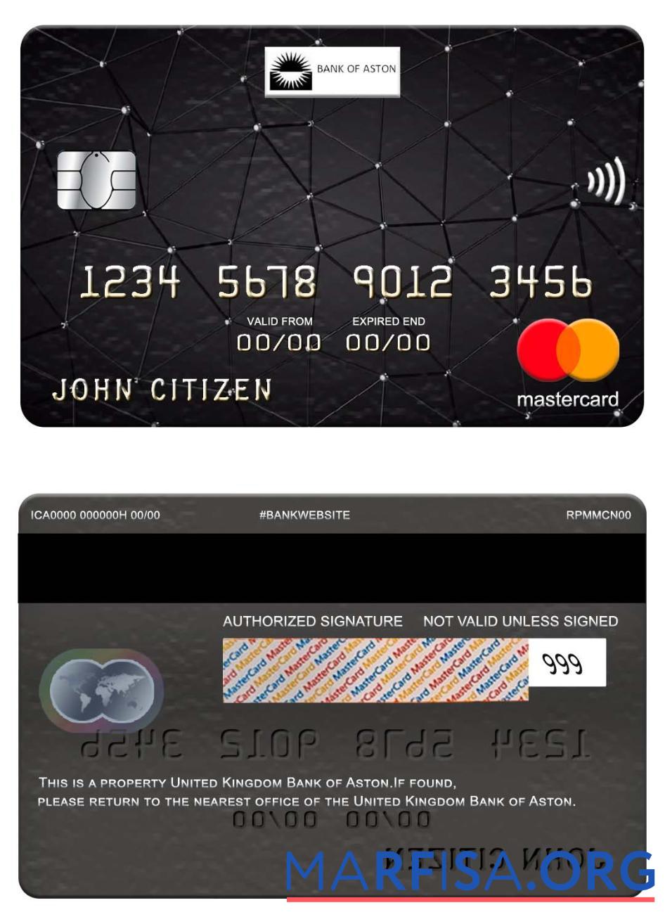 Великобритания Банковский of Aston mastercard шаблон
