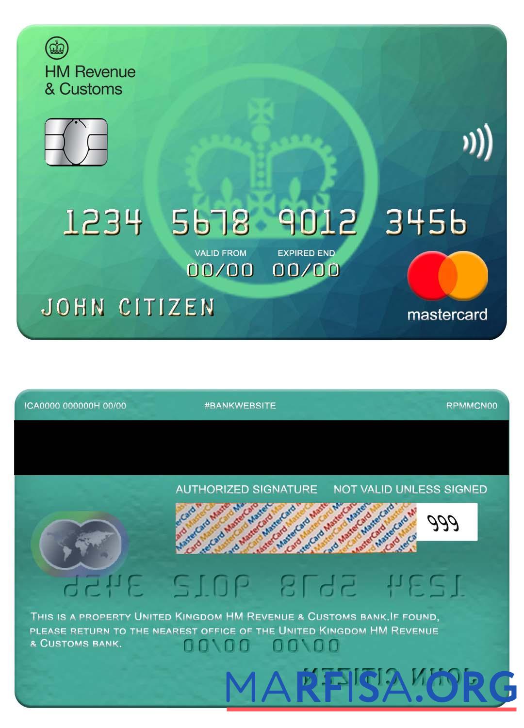 Великобритания HM Доход & Customs Банковский mastercard шаблон