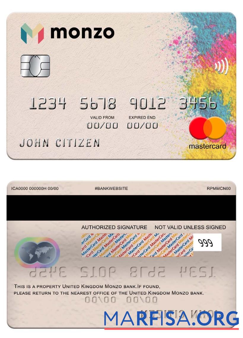 Великобритания Monzo Банковский mastercard предпросмотр