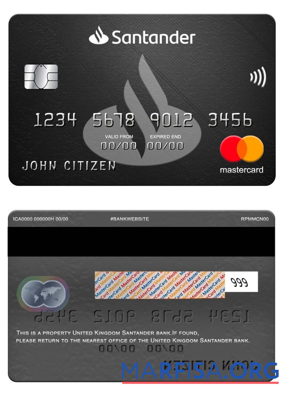 Великобритания Santander Банковский mastercard макет