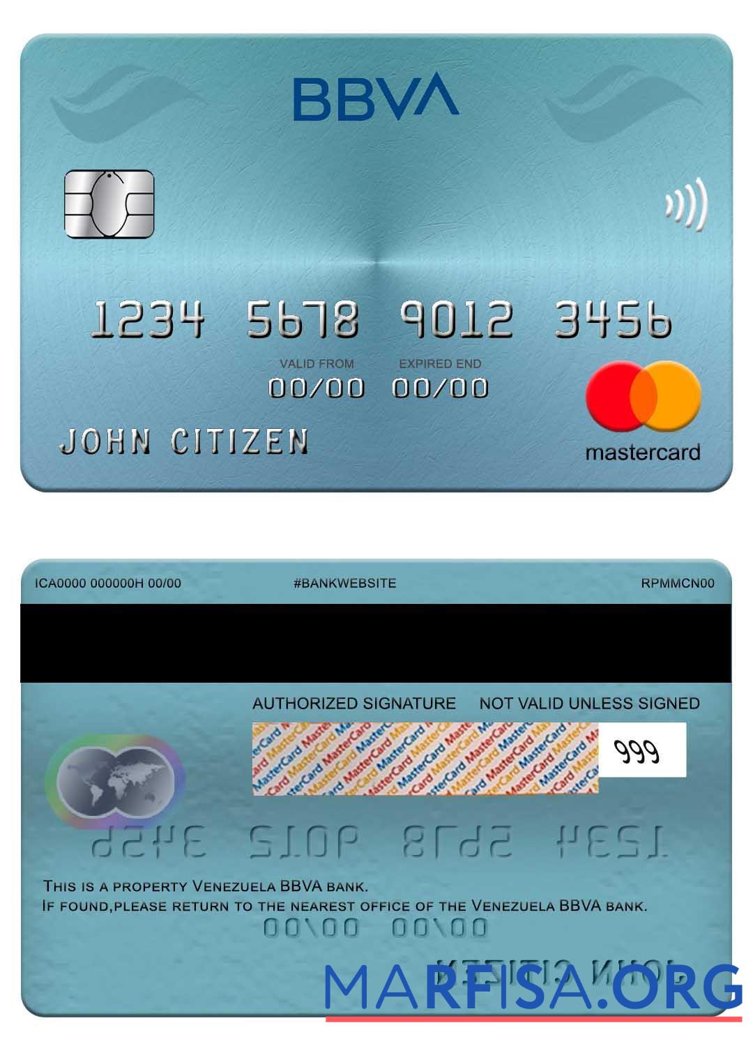 Венесуэла BBVA Банковский mastercard образец