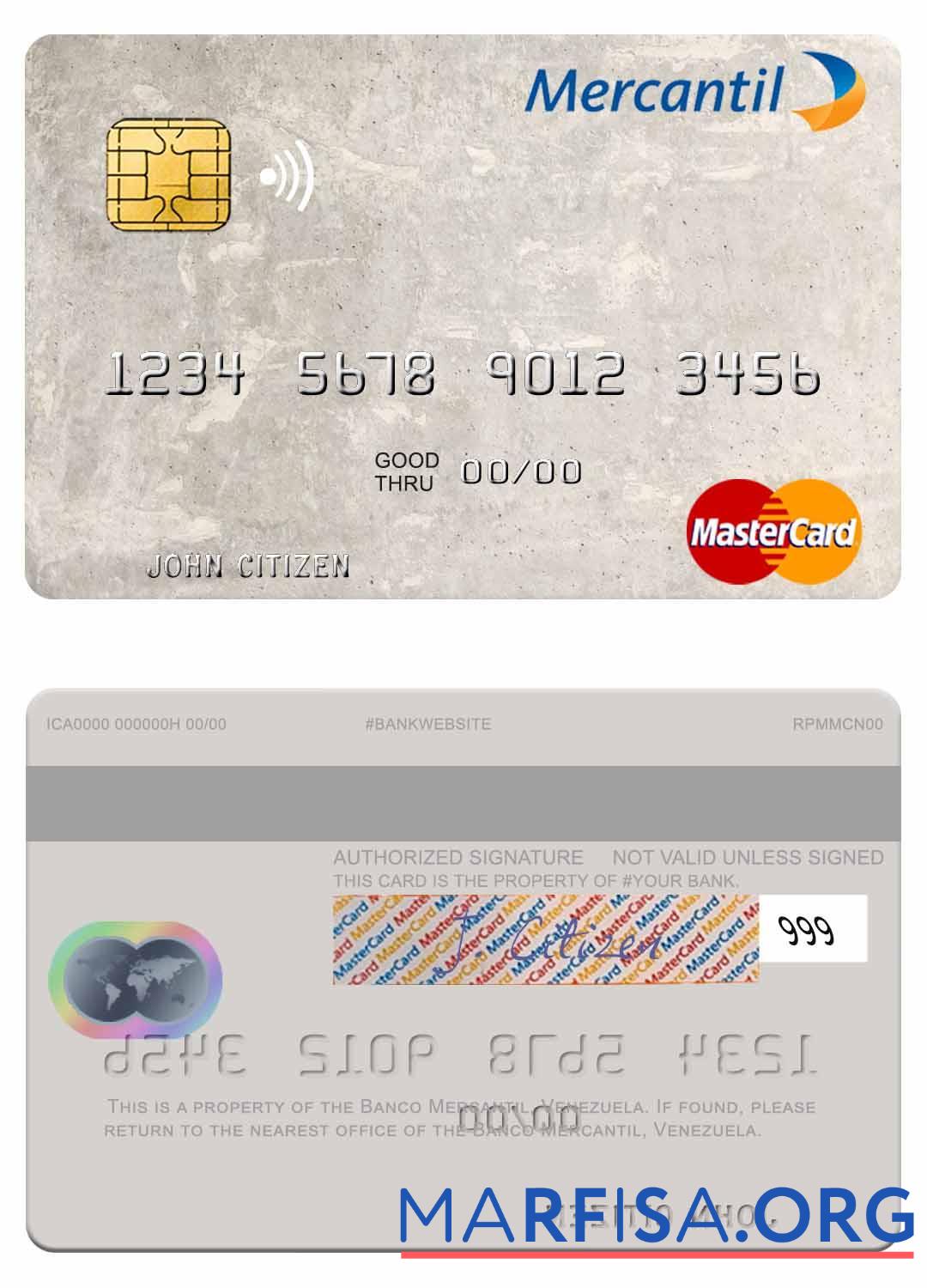 Венесуэла Banco Mercantil mastercard образец