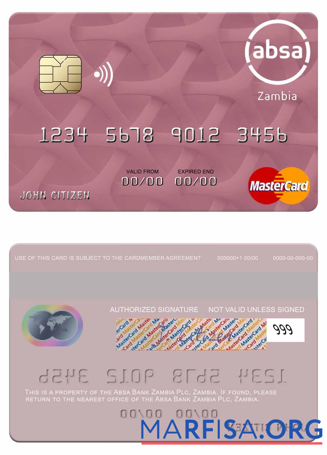 Замбия Absa Банковский Замбия Plc mastercard образец