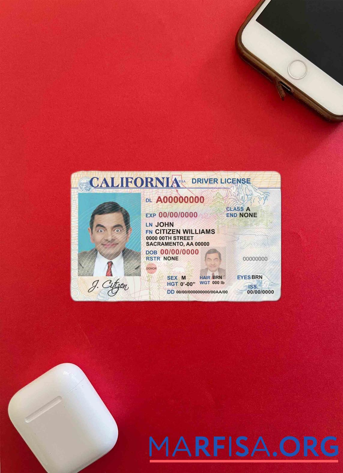 США California driver Лицензия фотообраз Лицевая сторона шаблон